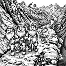 A vibrant black and white drawing depicting a group of enthusiastic dwarf miners setting out on a gold rush adventure along a rugged mountain road