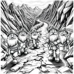 A vibrant black and white drawing depicting a group of enthusiastic dwarf miners setting out on a gold rush adventure along a rugged mountain road