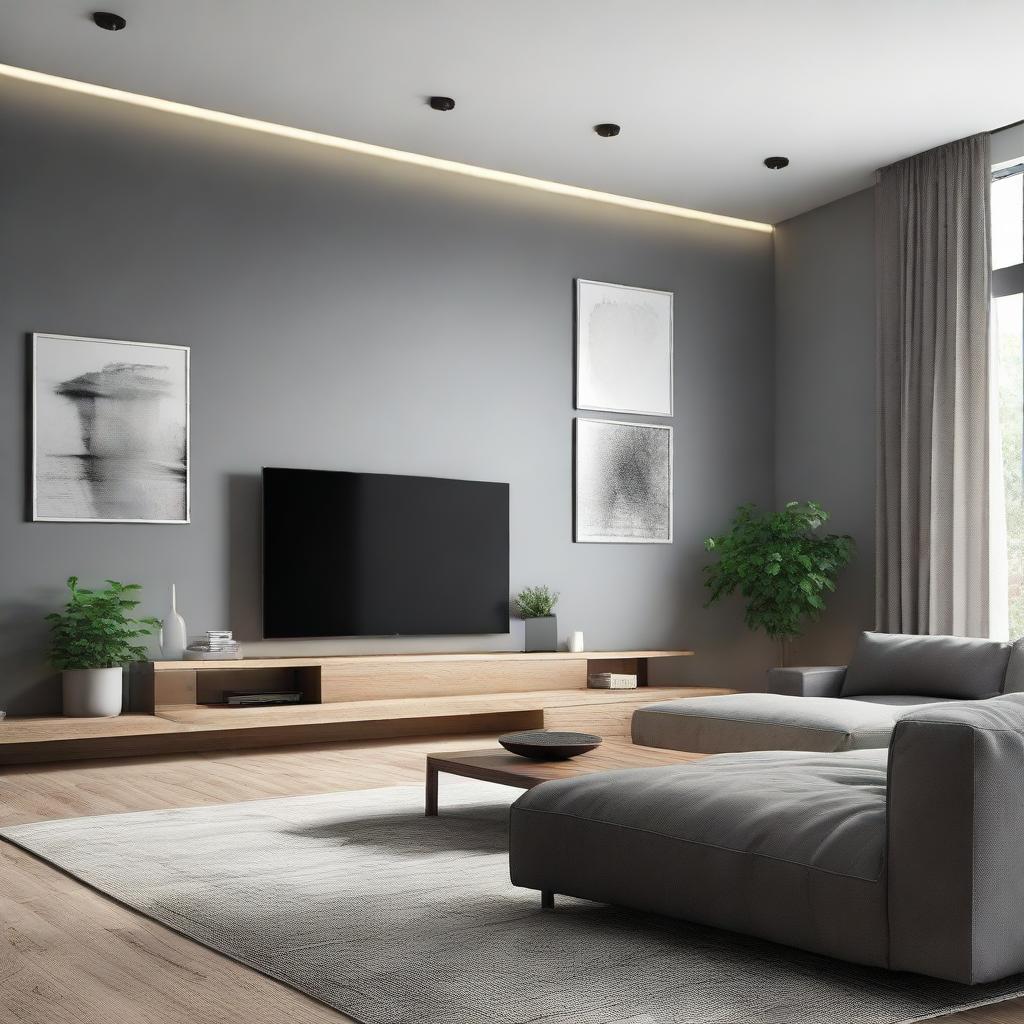 A modern living room featuring a large and sleek TV mounted on a stylish wall.