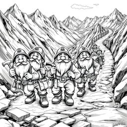 A vibrant black and white drawing depicting a group of enthusiastic dwarf miners setting out on a gold rush adventure along a rugged mountain road