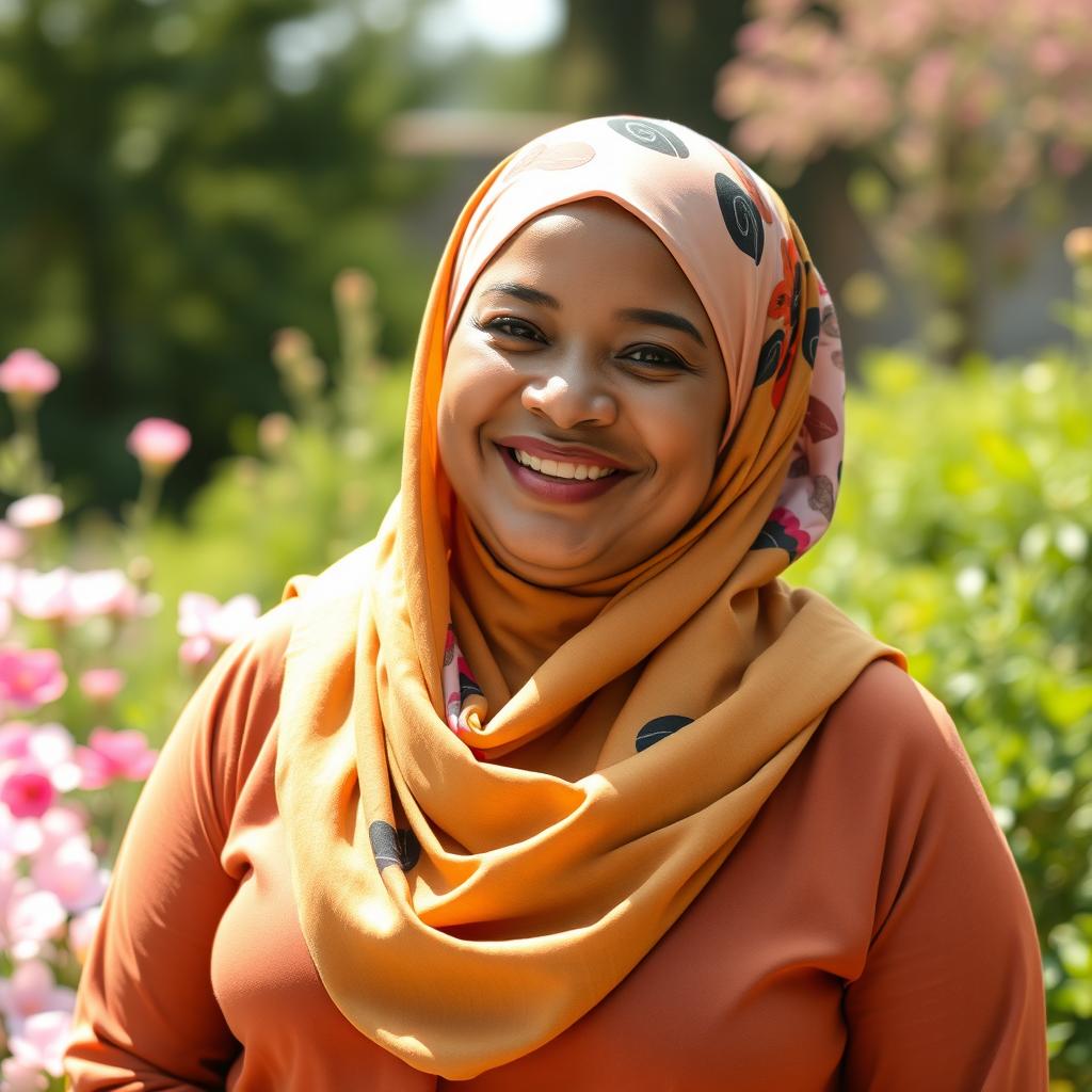A beautiful, larger mature Muslim woman with a warm smile, wearing a stylish and colorful hijab that complements her outfit