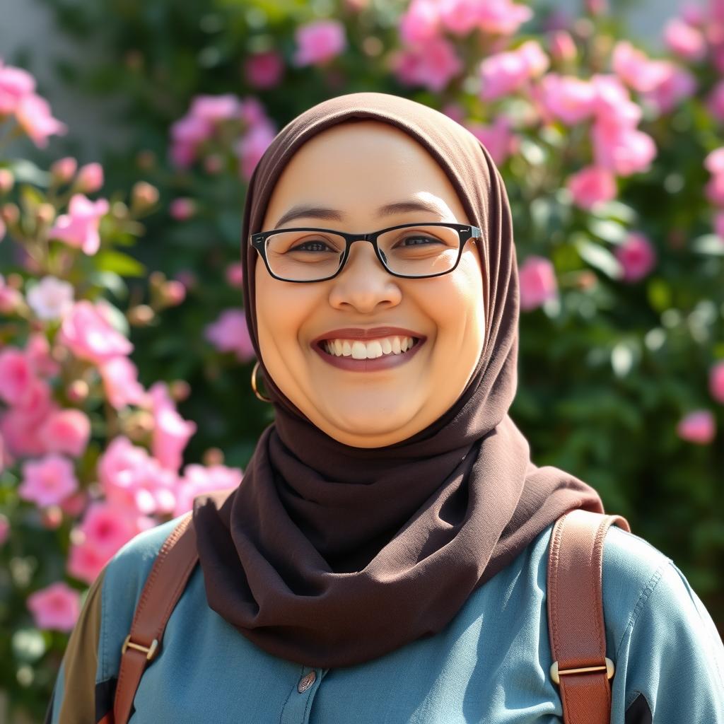 A beautiful, larger mature Muslim woman with a warm smile, casually dressed in a stylish outfit that highlights her confident personality