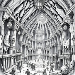 An intricate black and white drawing showcasing the vast underground capital city of the dwarfs, depicting its monumental construction