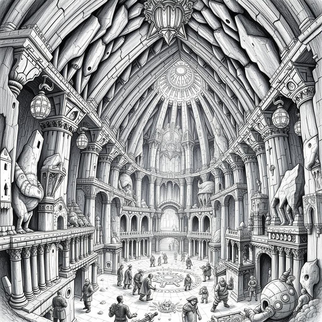 An intricate black and white drawing showcasing the vast underground capital city of the dwarfs, depicting its monumental construction