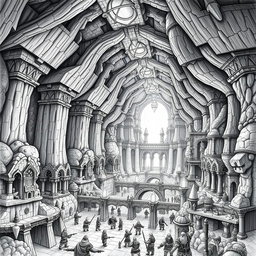 An intricate black and white drawing showcasing the vast underground capital city of the dwarfs, depicting its monumental construction