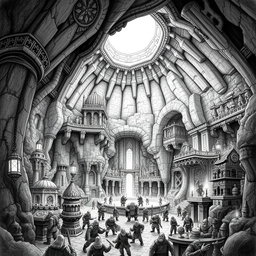 An intricate black and white drawing showcasing the vast underground capital city of the dwarfs, depicting its monumental construction
