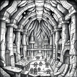 An intricate black and white drawing showcasing the vast underground capital city of the dwarfs, depicting its monumental construction