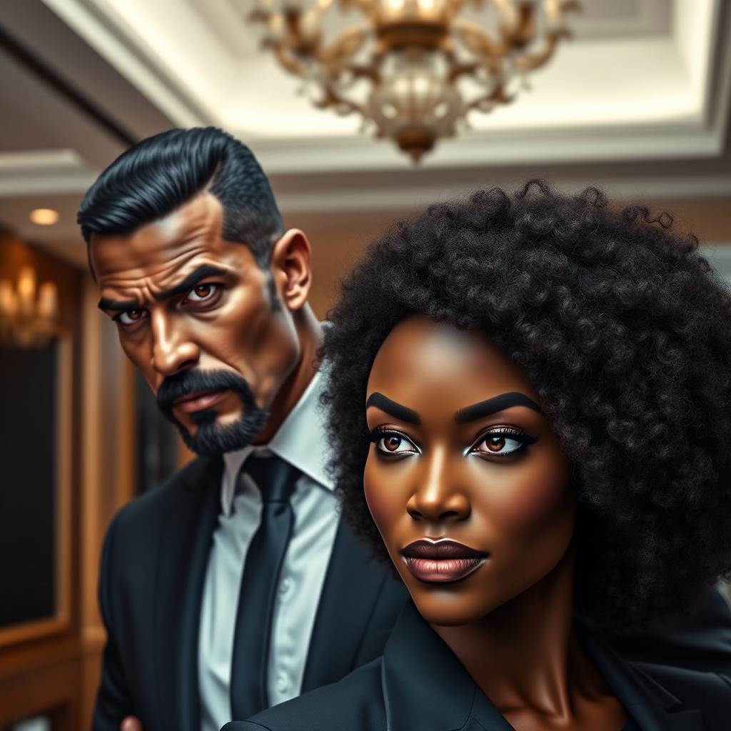 A serious, intimidating businessman with short dark hair, a well-groomed short beard, and amber eyes stands behind a woman