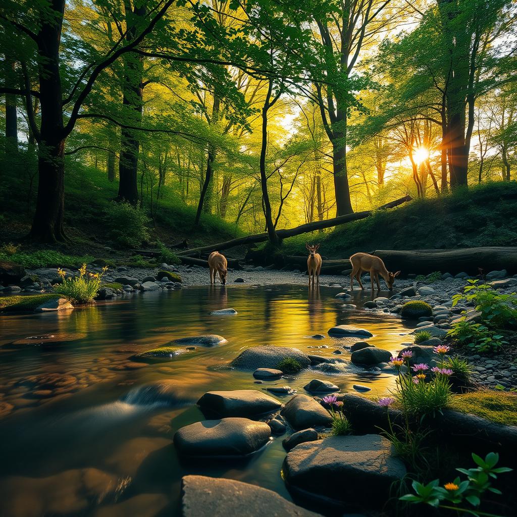 A serene and enchanting forest scene during golden hour, with soft sunlight filtering through the dense canopy of vibrant green leaves