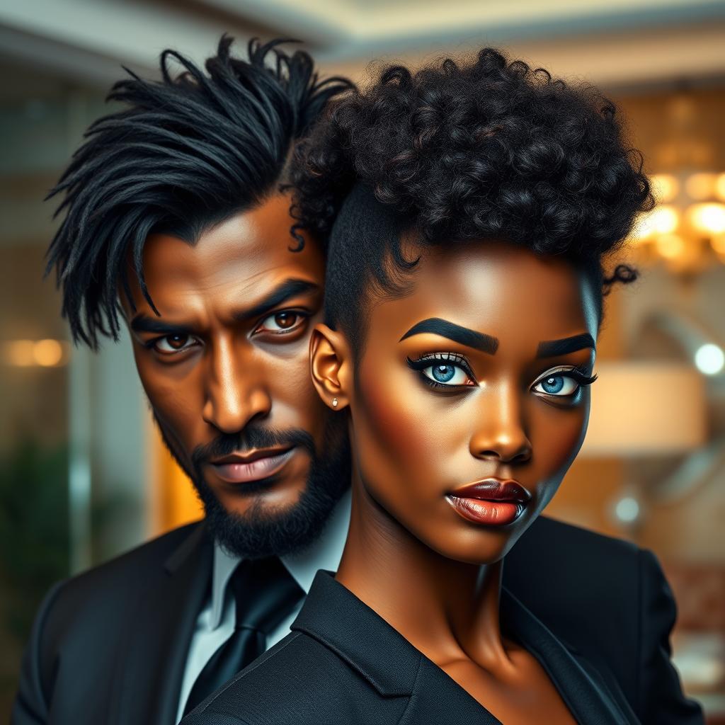 A young, serious, and intimidating businessman with short dark hair, a well-groomed short beard, and amber eyes stands behind a young Black woman