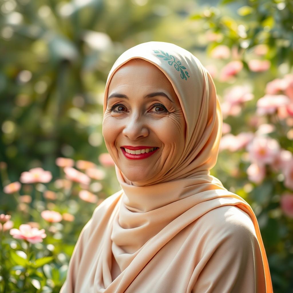 A beautiful older Muslim woman without a headscarf, showcasing her natural beauty and grace