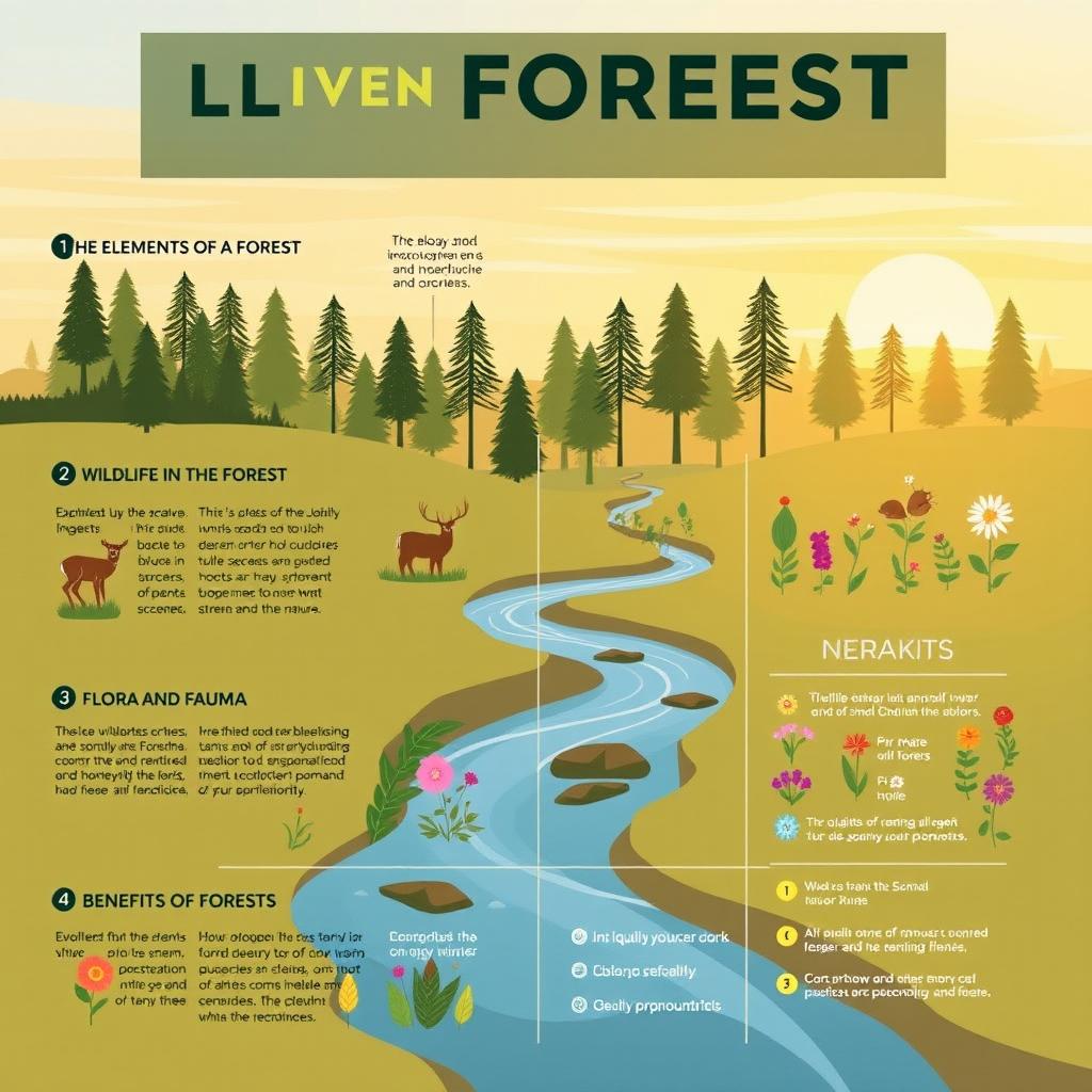 An informative and visually appealing infographic about a serene forest ecosystem, showcasing the beauty of nature during golden hour