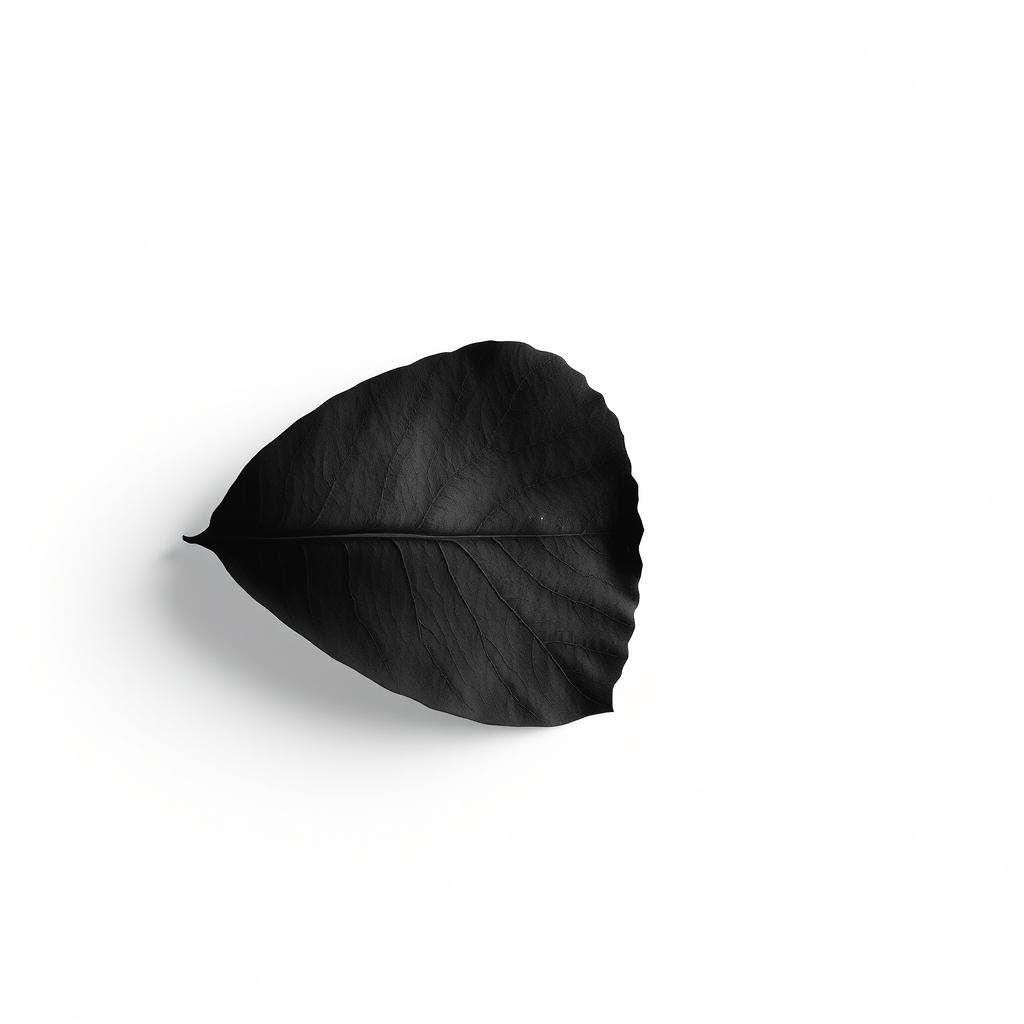 A beautiful, minimalist scene featuring a single black leaf on a stark white background