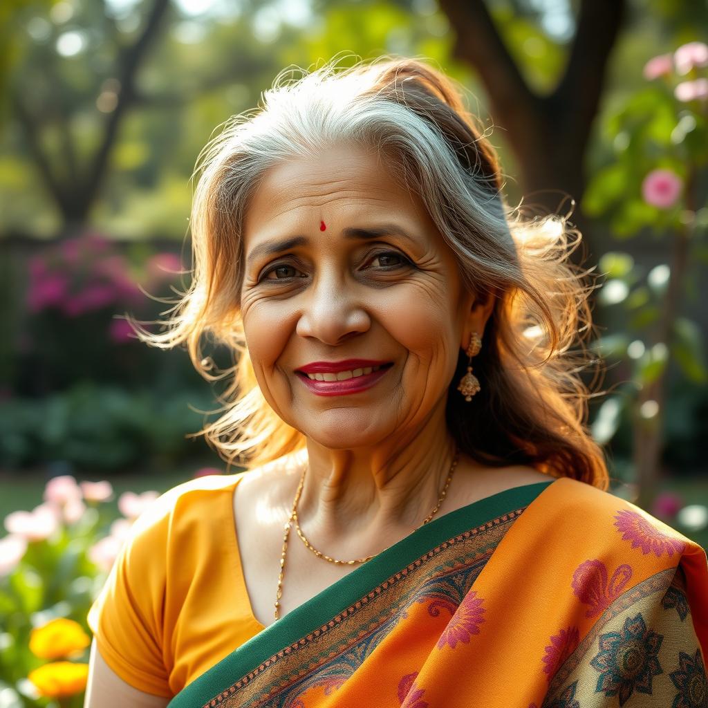 A beautiful older Bangladeshi woman with elegant features, showcasing her natural beauty and wisdom