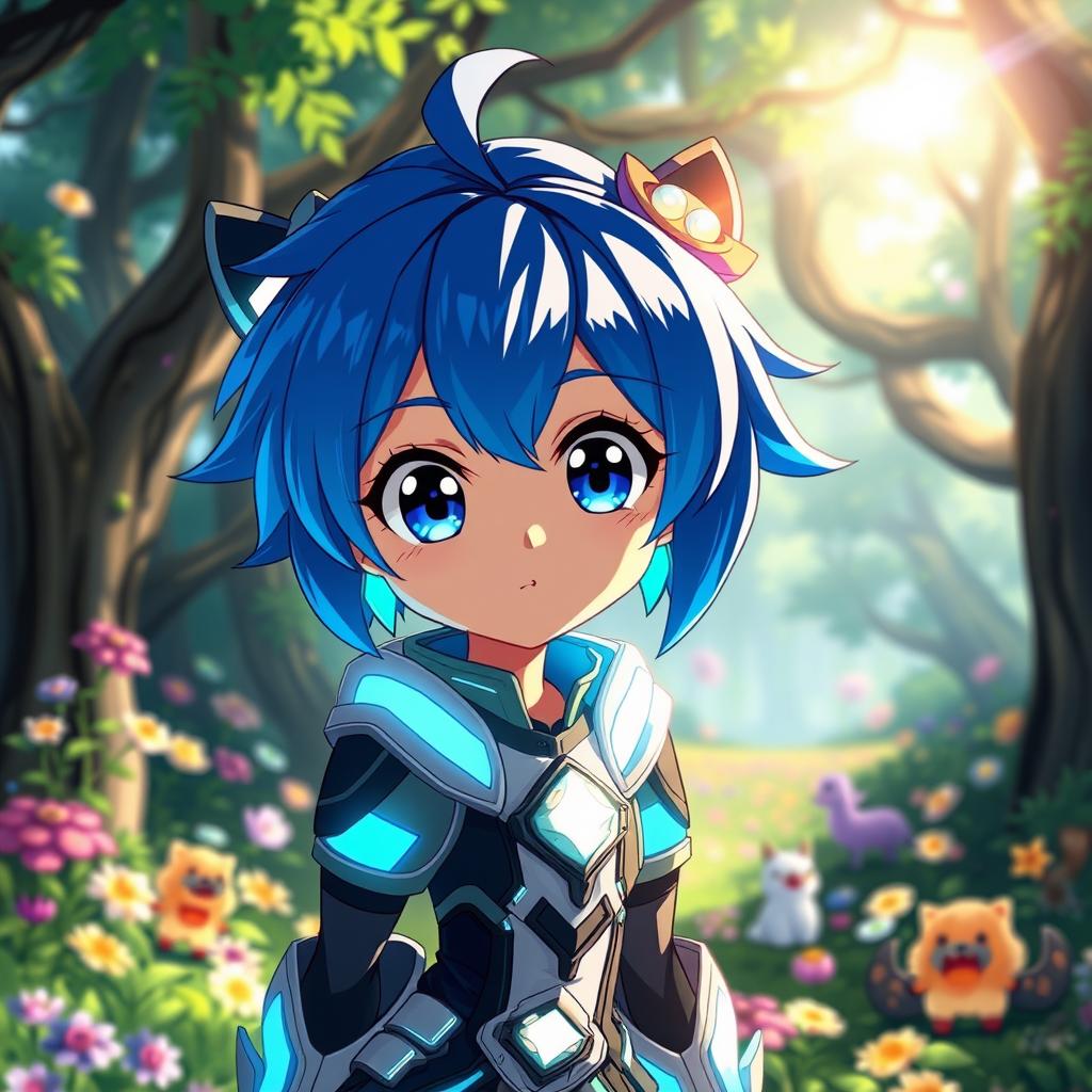An anime character with vibrant blue hair, large expressive eyes sparkling with excitement