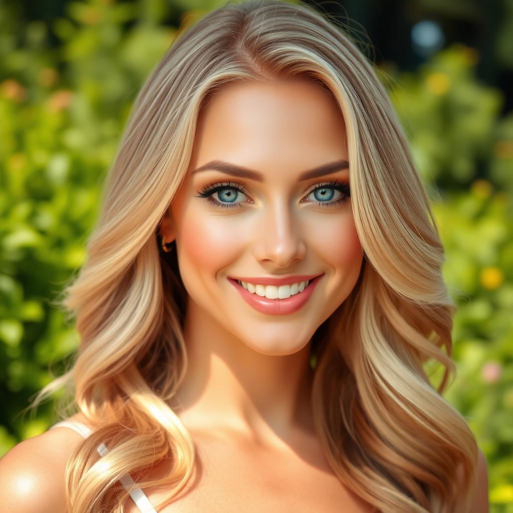 A stunning blonde woman with captivating blue eyes, radiating beauty and elegance