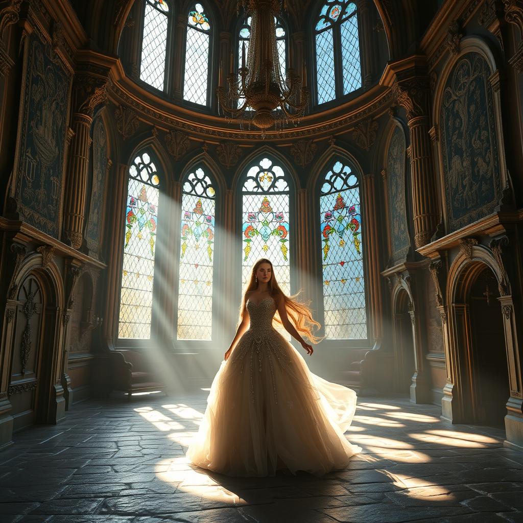 A beautiful, enchanting castle interior with a majestic princess standing gracefully in the center