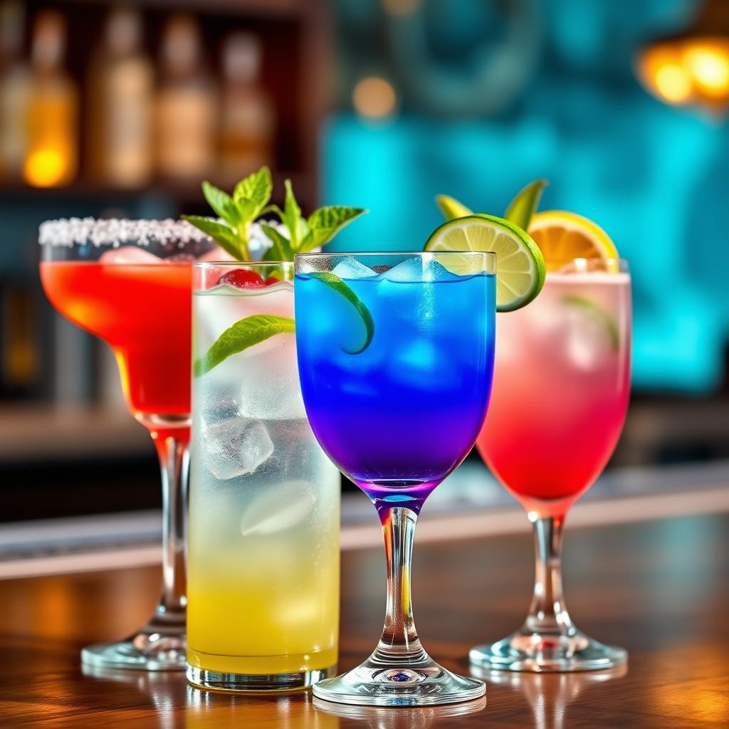 A collection of assorted luxurious cocktails displayed prominently at a frontal angle