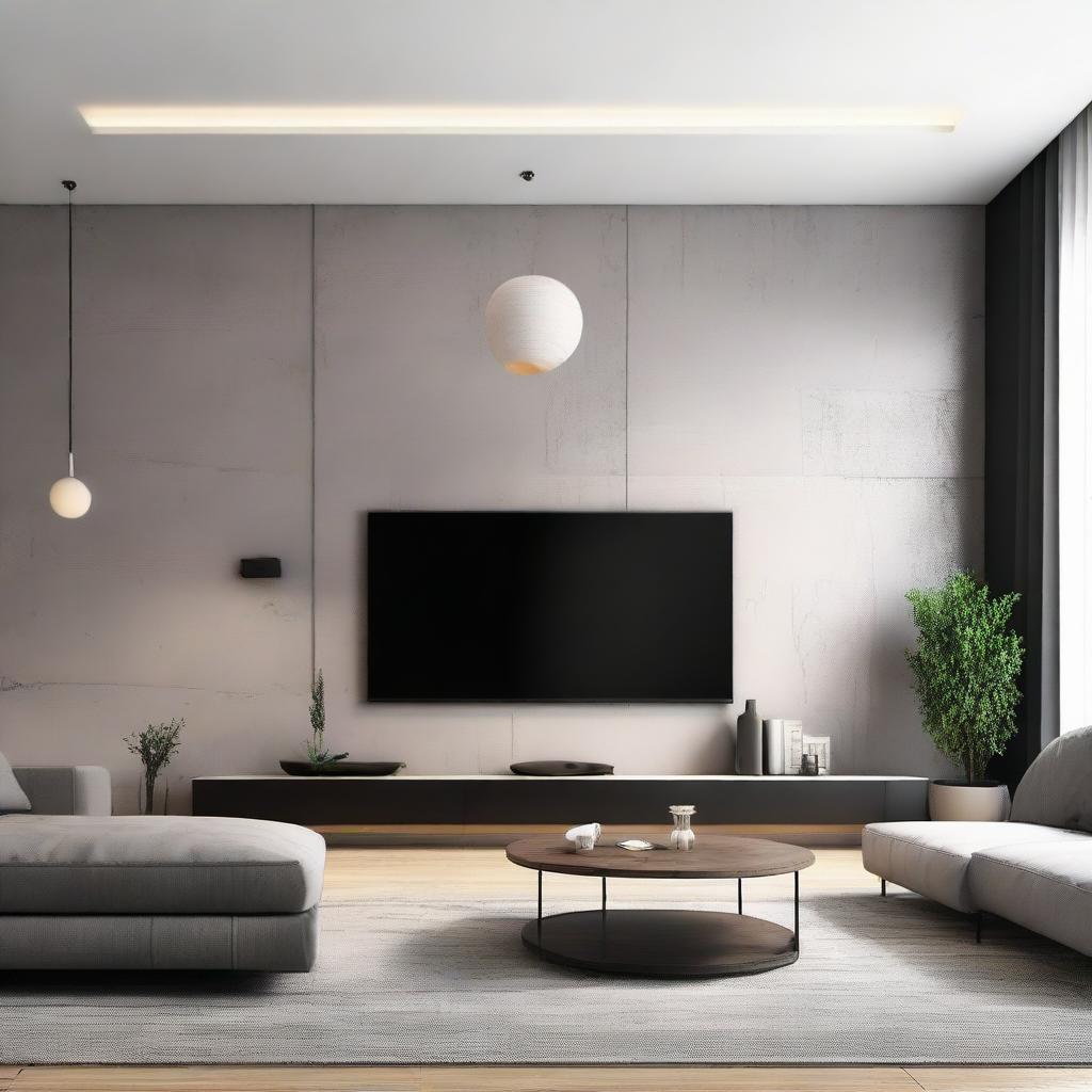 A modern living room featuring a large and sleek TV mounted on a stylish wall.