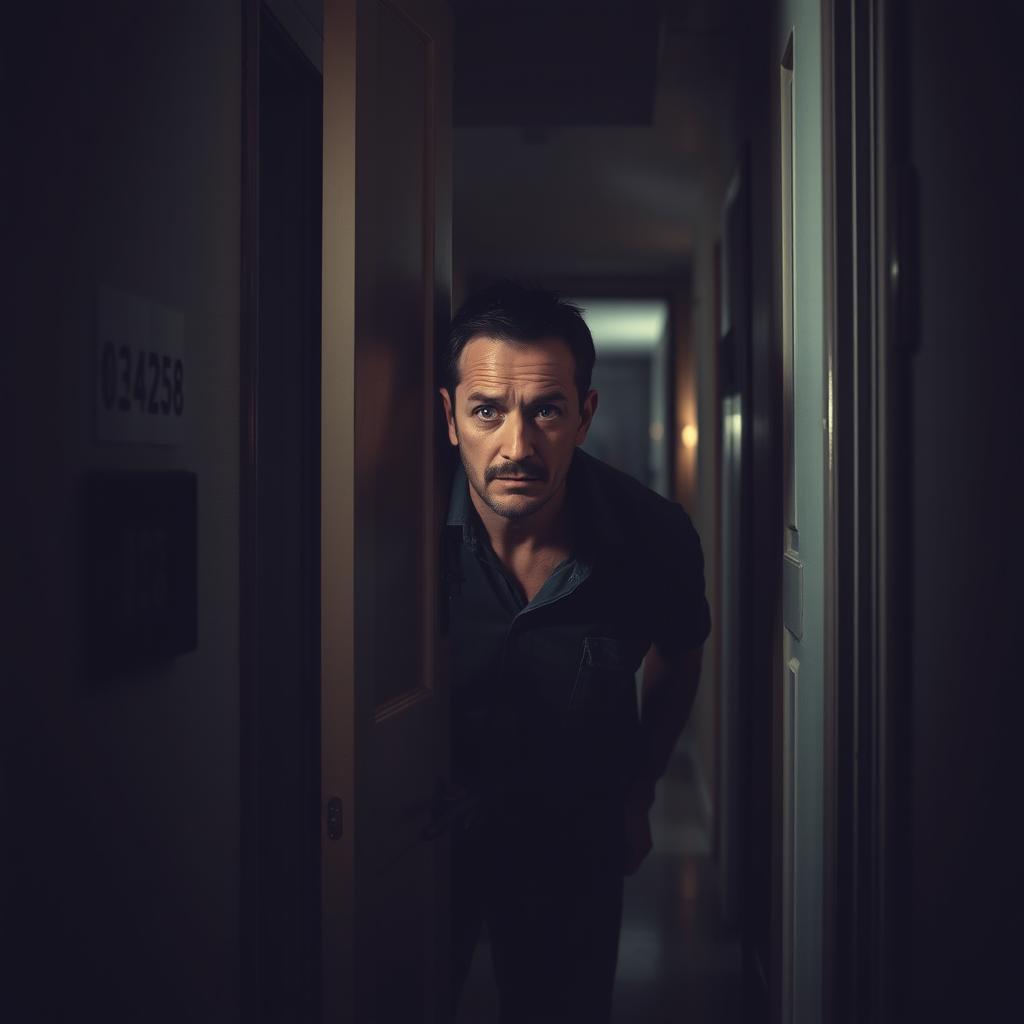A tense, atmospheric scene showcasing a man peering through a slightly open door with a worried expression, as he suspects a murder is happening in the neighboring apartment