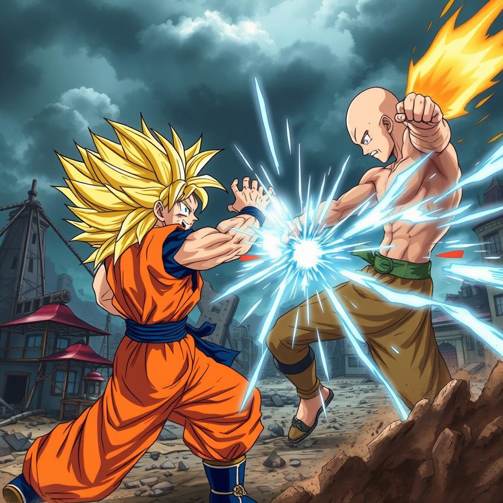 An intense battle scene featuring Goku, the iconic anime character from Dragon Ball, engaging in fierce combat with Saitama, the powerful protagonist from One Punch Man