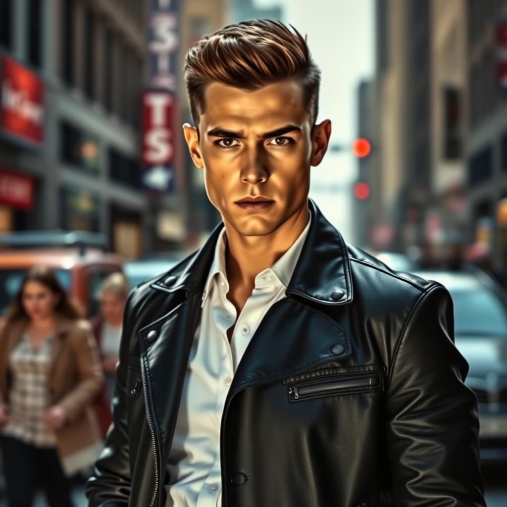 A striking and realistic portrait of a confident individual standing in an urban environment