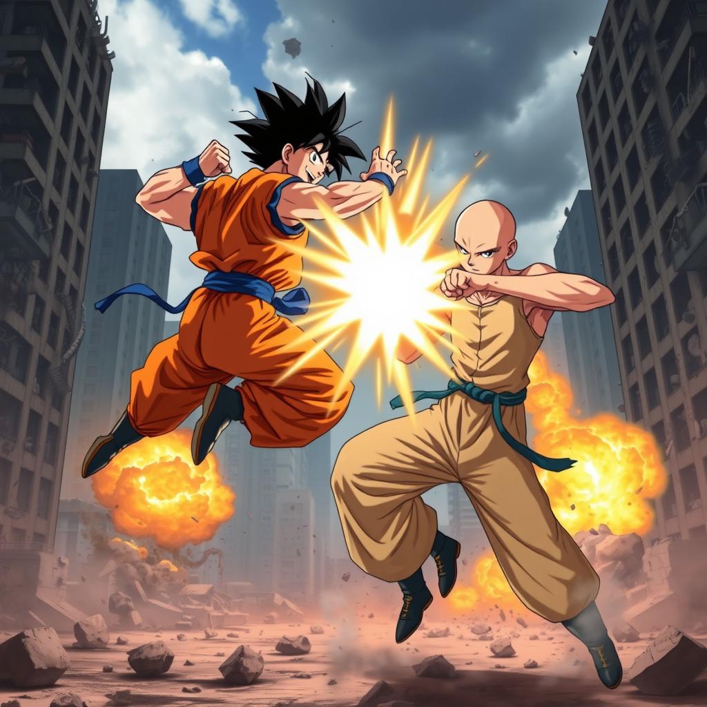 A dynamic battle scene showcasing Goku, the iconic anime hero from Dragon Ball, engaging in an intense fight with Saitama, also known as One Punch Man, amidst a dramatic backdrop