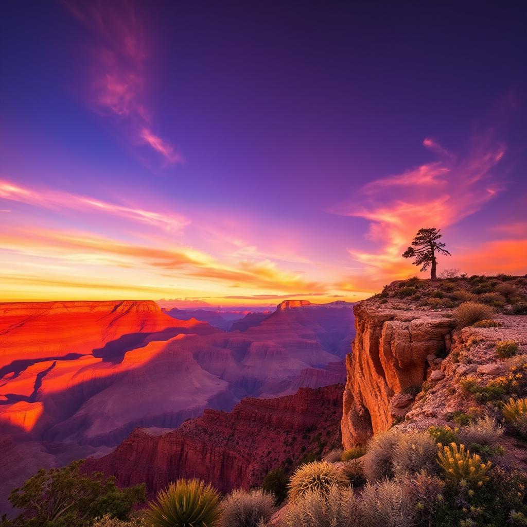 A stunning view of the Grand Canyon at sunset, showcasing the vibrant colors of the sky transitioning from orange to deep purple, with the rugged terrain casting long shadows