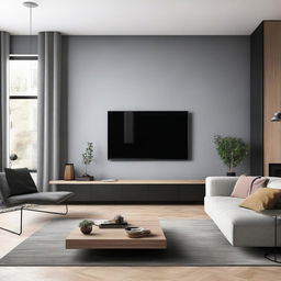 A modern living room featuring a large and sleek TV mounted on a stylish wall.