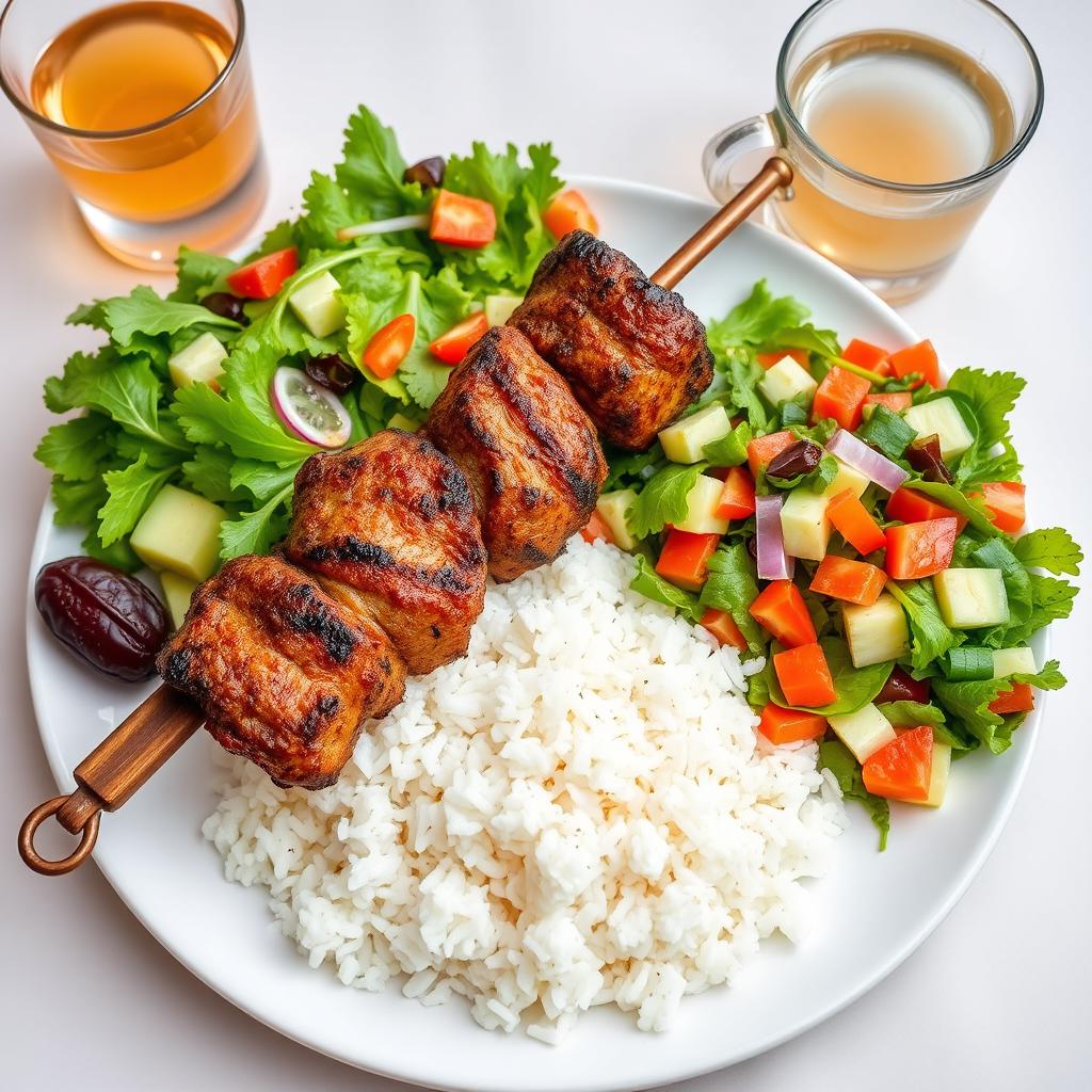 A beautifully arranged serving platter featuring a generous portion of fluffy rice topped with a perfectly grilled kebab skewer and a tender tawooq skewer