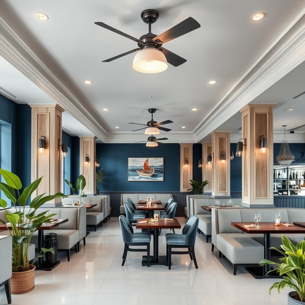 An inviting seafood restaurant interior designed with tables accompanied by plush sofas lined against the walls