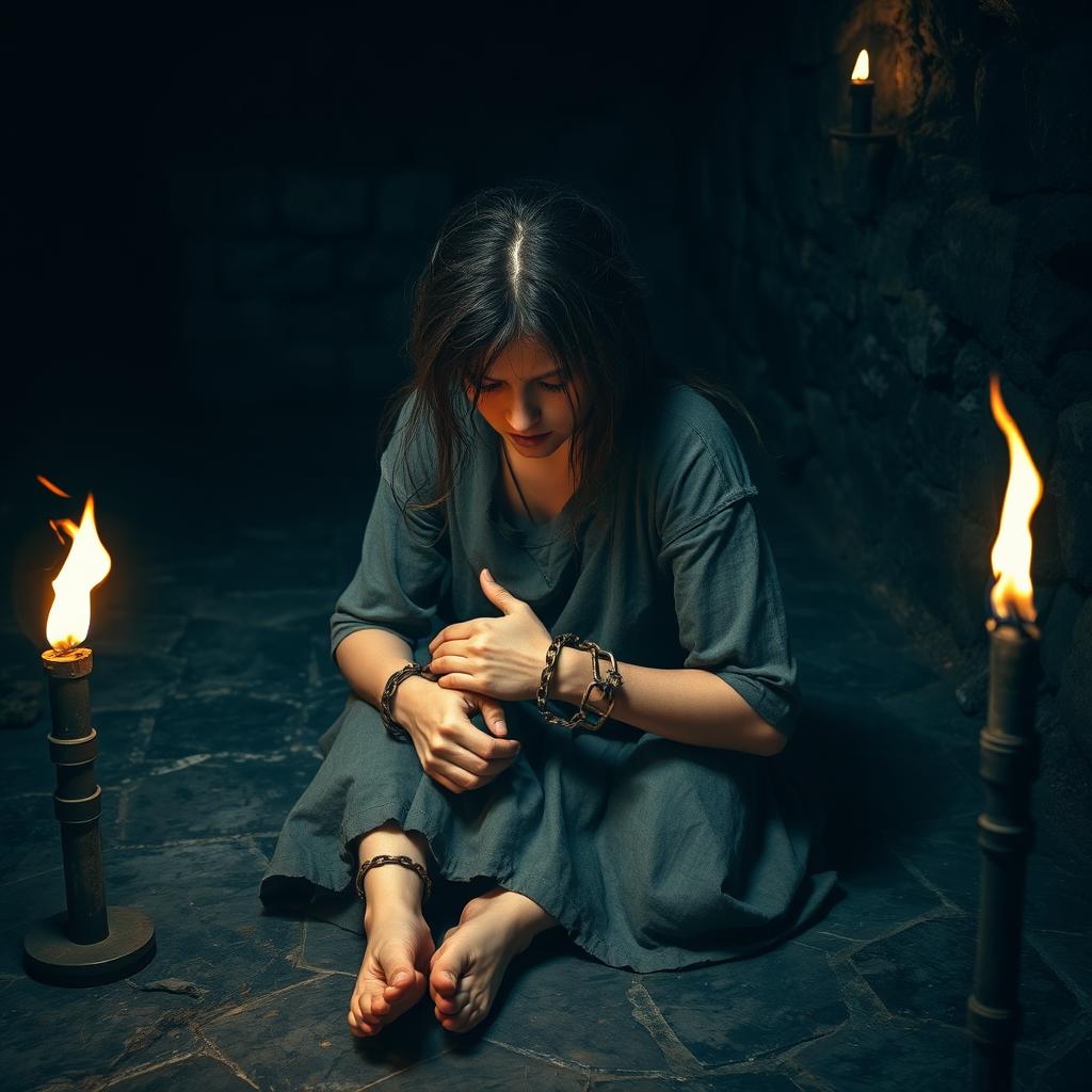 In a dark medieval dungeon, a young woman sits on the cold stone floor in a fetal position
