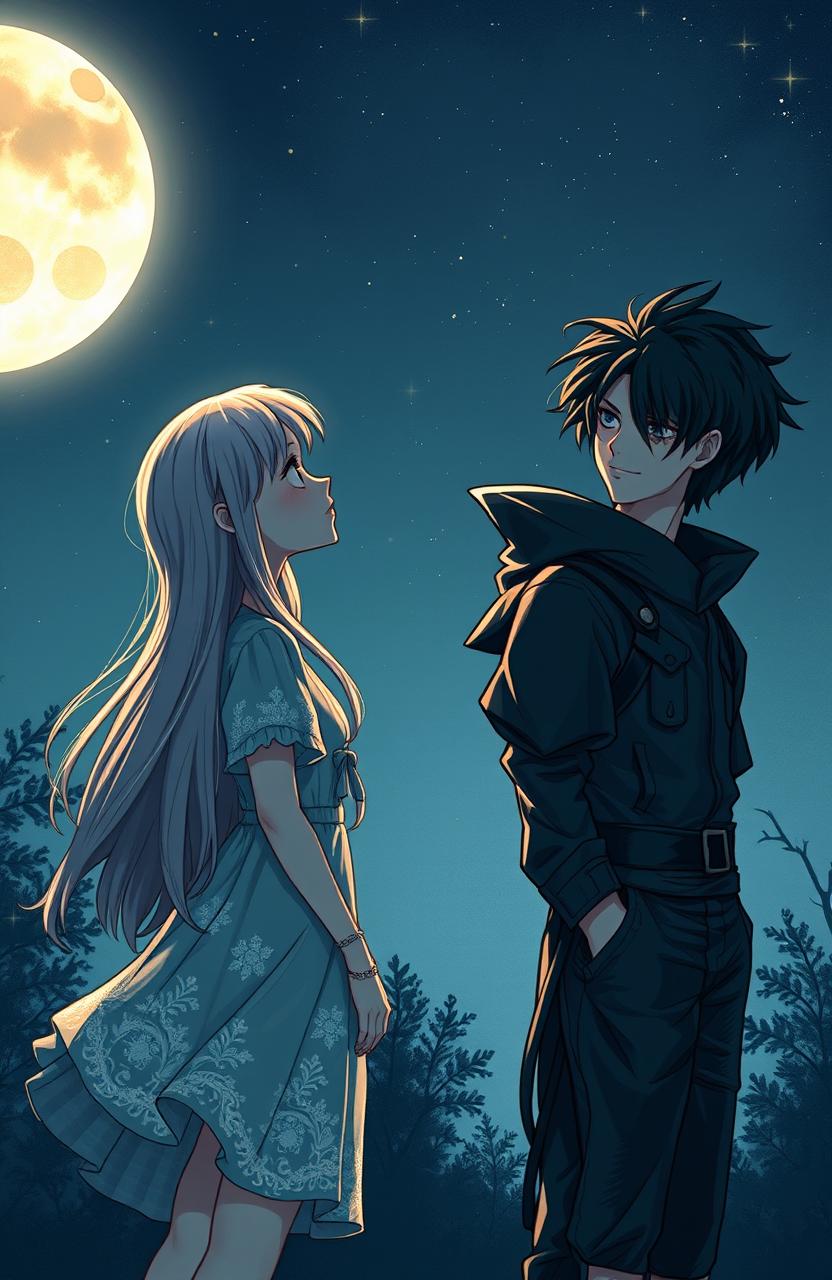 A romantic and mysterious scene depicting a girl gazing at the moon with an expression of intrigue, standing under a starry night sky