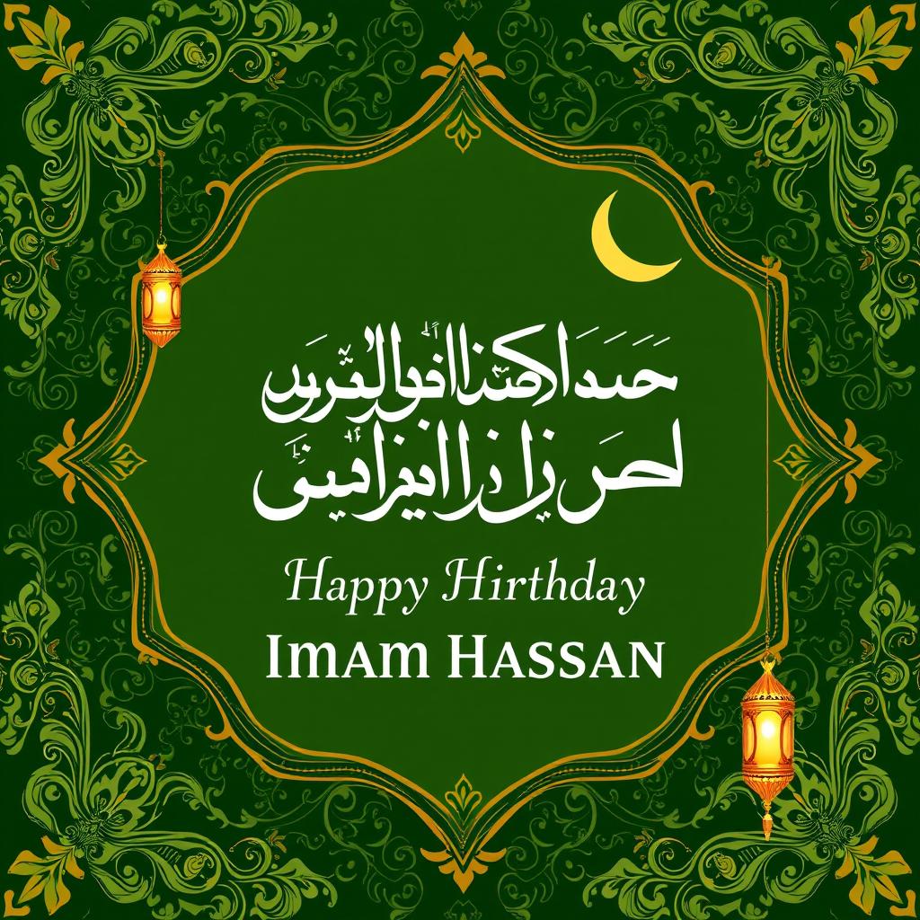 A beautifully designed birthday poster for Imam Hassan, featuring elegant Persian calligraphy celebrating his birthday