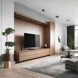 A modern living room with a large, sleek TV mounted on a tastefully designed wall, adjacent to a stylish closet to the right.