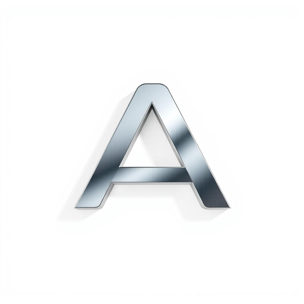 A sleek and modern logo design displaying a bold, stylized letter 'A' in shiny silver metallic finish, set against a pristine white background