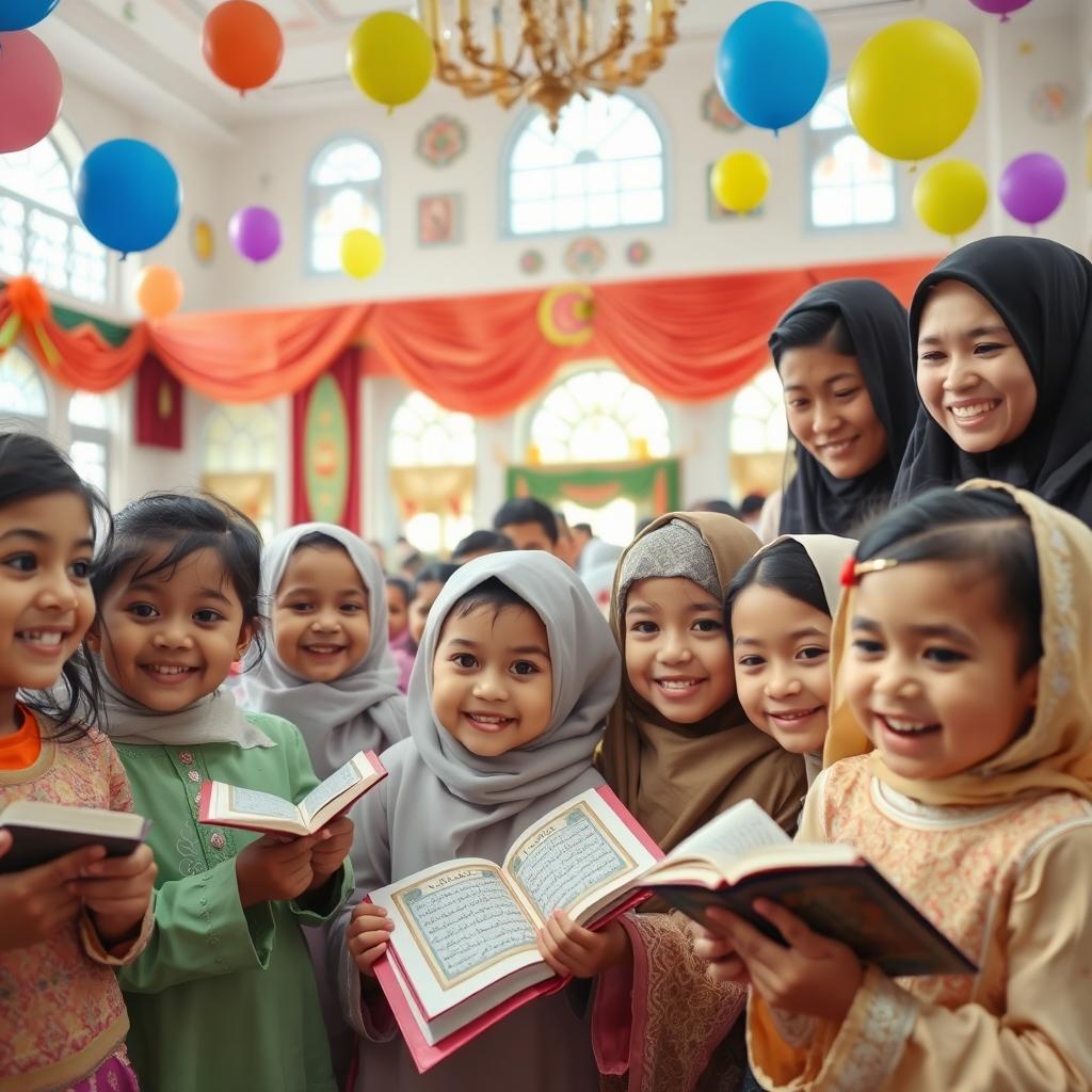 A vibrant and joyful celebration scene featuring children engaging in a Quran reading event