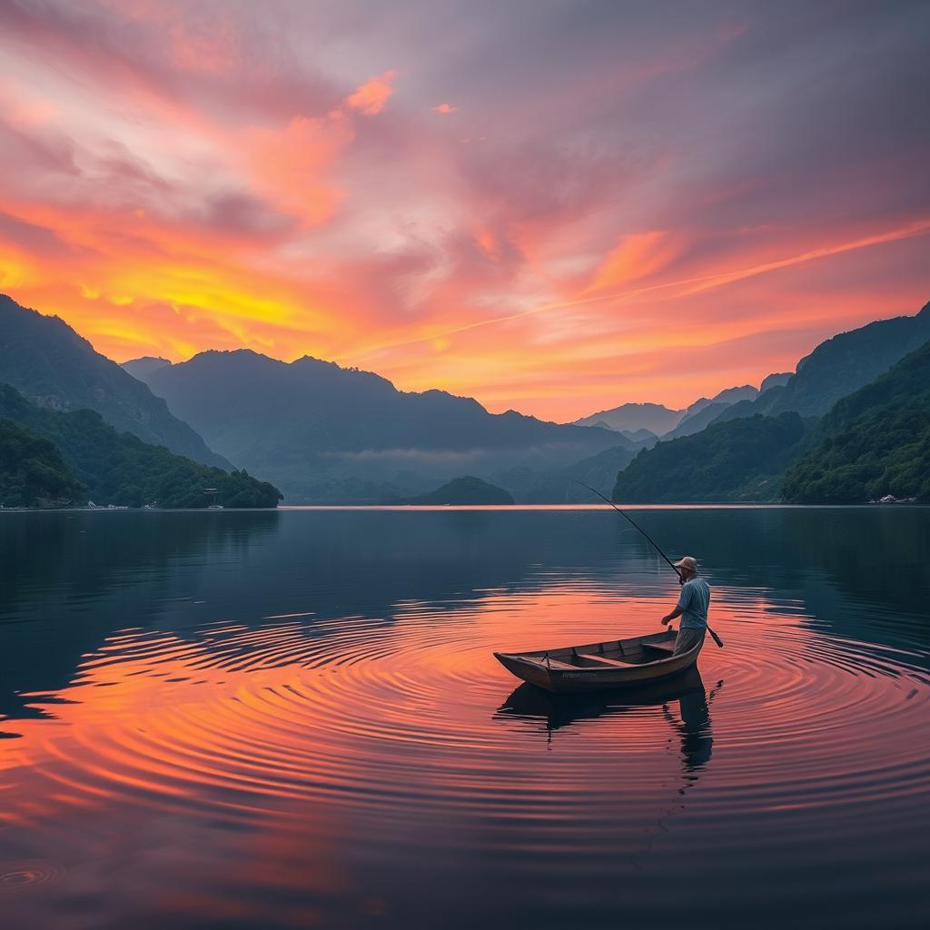 A serene landscape during sunset featuring a tranquil lake surrounded by lush green mountains