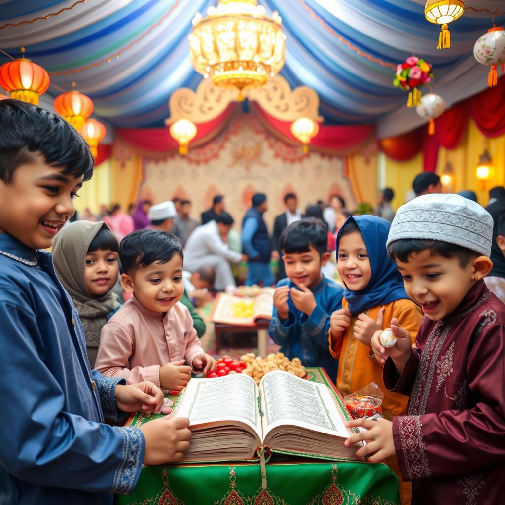 A heartwarming and colorful festival scene celebrating the Holy Quran, with joyful young boys dressed in traditional attire, engaging in various activities such as reading the Quran, participating in games, and enjoying sweets