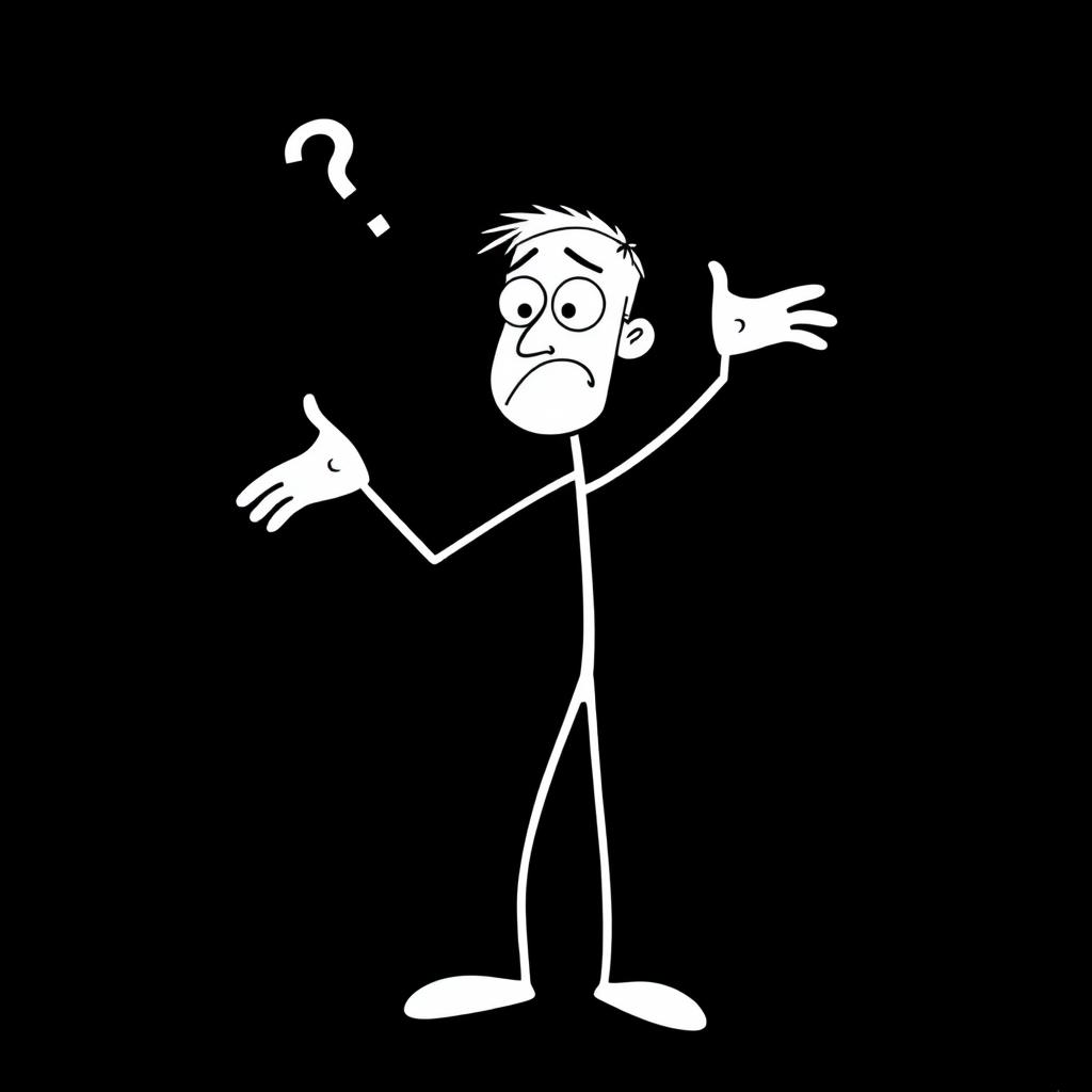 A confused white stick man with exaggerated features, standing in a dynamic pose with arms raised and a puzzled expression on his face, illustrated against a solid black background