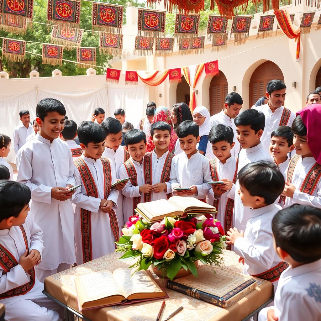 A vibrant celebration of the Quran featuring Iranian boys in traditional Persian attire, such as white cotton tunics and colorful sashes