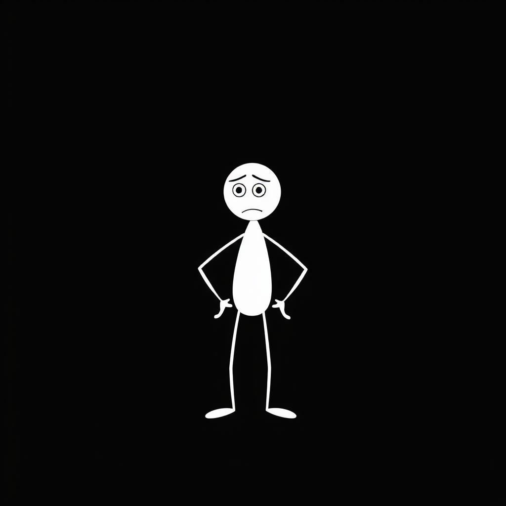 A minimalistic depiction of a confused white stick man standing in the center of a pitch-black background