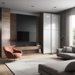 A modern living room with a large, sleek TV mounted on a tastefully designed wall, adjacent to a stylish closet to the right.