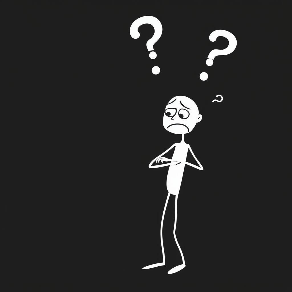 A confused white stick man with exaggerated facial expressions and contorted limbs, set against a deep black background