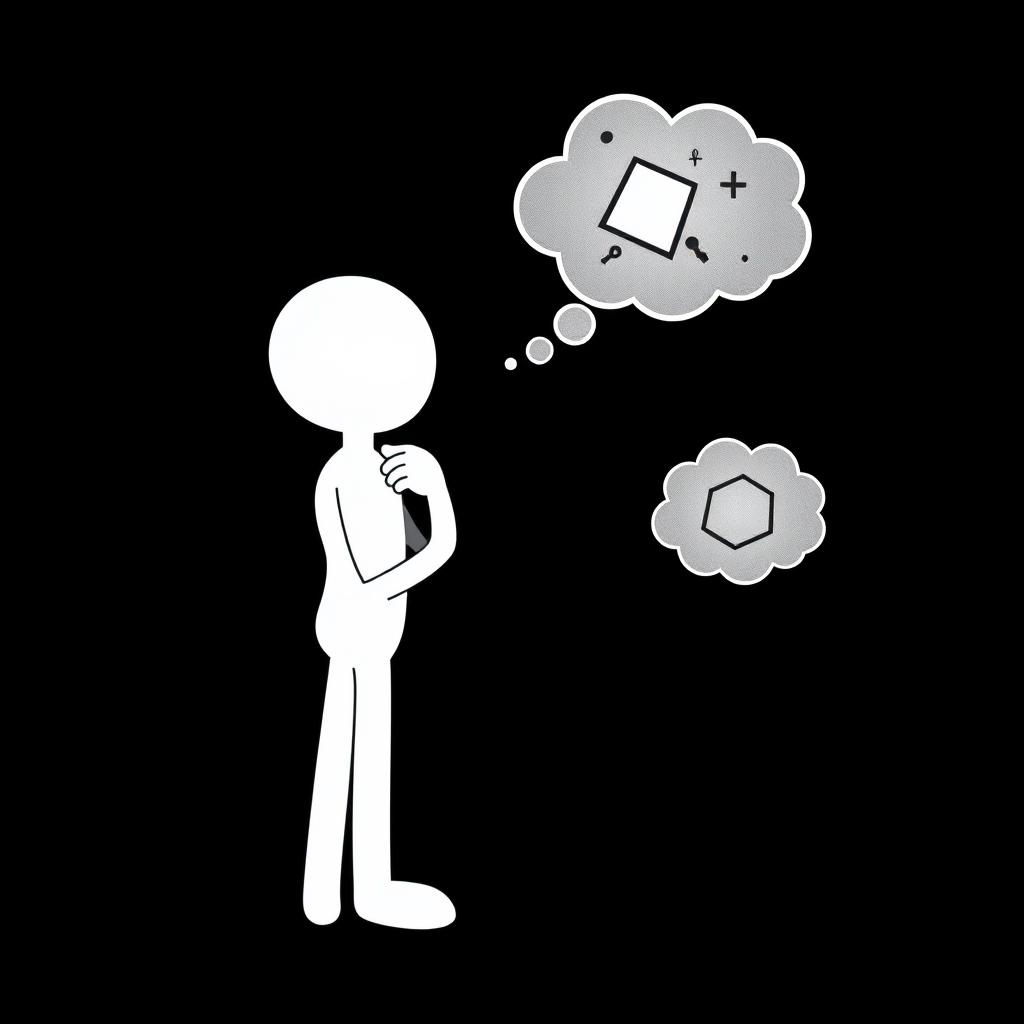 A contemplative white stick man with a thoughtful expression, positioned in a deep black background