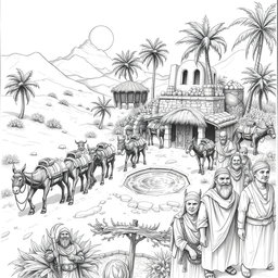 A captivating black and white drawing depicting a caravan of mules and dwarves approaching a thriving oasis, ready to trade with Arab-like humans