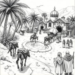 A captivating black and white drawing depicting a caravan of mules and dwarves approaching a thriving oasis, ready to trade with Arab-like humans