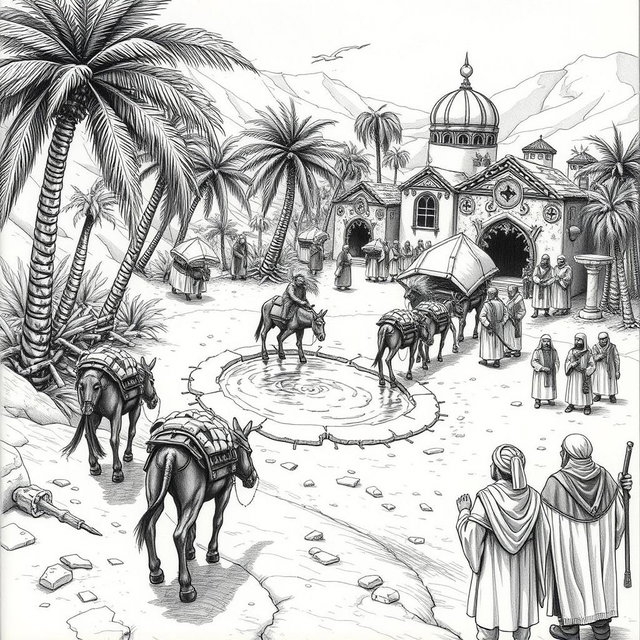 A captivating black and white drawing depicting a caravan of mules and dwarves approaching a thriving oasis, ready to trade with Arab-like humans