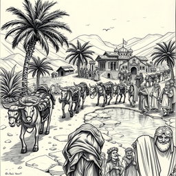 A captivating black and white drawing depicting a caravan of mules and dwarves approaching a thriving oasis, ready to trade with Arab-like humans