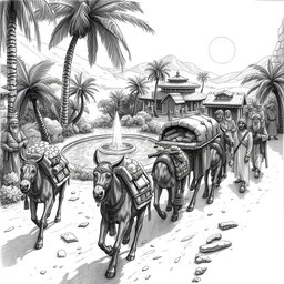 A captivating black and white drawing depicting a caravan of mules and dwarves approaching a thriving oasis, ready to trade with Arab-like humans